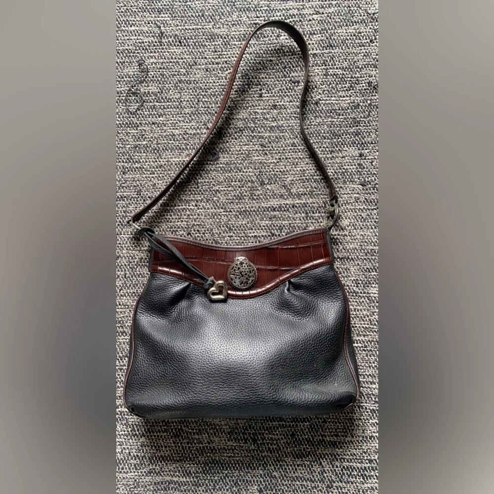 BEAUTIFUL BRIGHTON classic Bag Black Leather Brown Croc Peyton Style Vintage - Picture 6 of 8